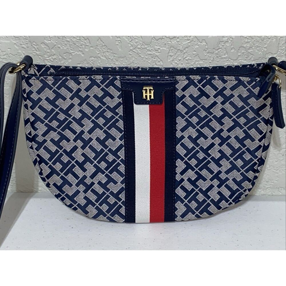 Tommy Hilfiger Crossbody Purse Bag Monogram Logo Blue Red White Stripe Canvas